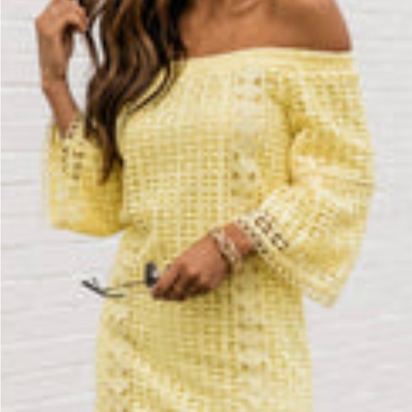 Pink Lily Dresses & Skirts - Pink Lily Yellow Crochet Off-Shoulder Dress